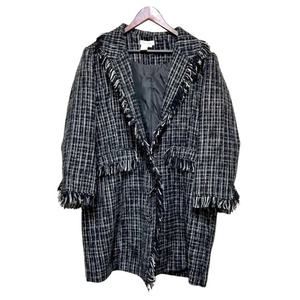 Ulla Popken Black White Tweed Long-Line Jacket with Fringe Trim 14/16